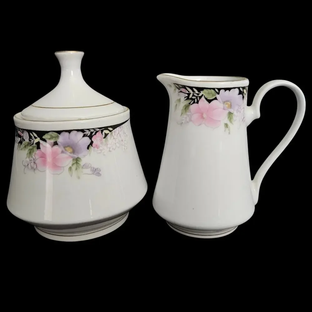 Imperial's Universal Fine China Floral Creamer Covered Sugar Bowl Set Gold Trim